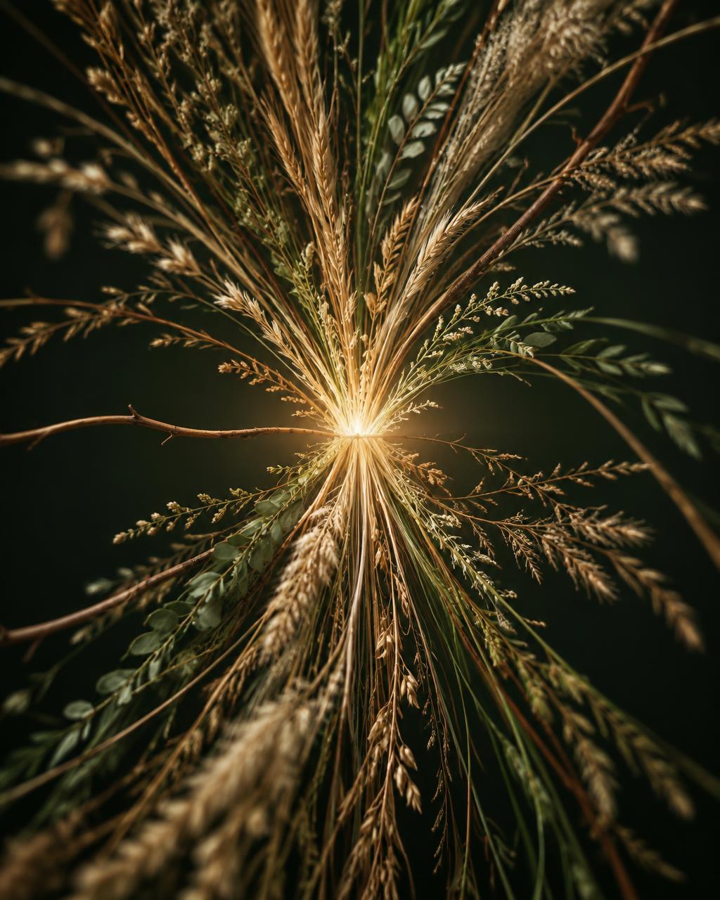Many natural strands converging into a single luminous form